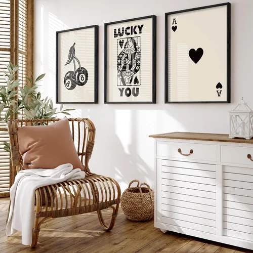 Miniatura 2 de Heiple Juego de 3 carteles enmarcados de póquer para pared, diseño retro de moda, decoración de pared para reina de corazones, arte de pared Negro
