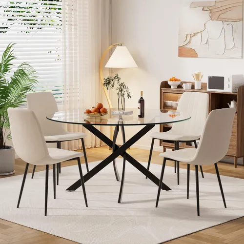 Miniatura 13 de Moderno juego de mesa redonda de vidrio para 4, 36 pulgadas, pequeña base negra de vidrio templado con 4 sillas de comedor minimalistas beige, juego