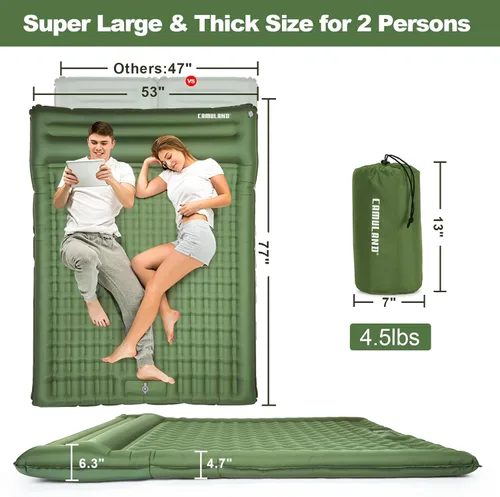 Miniatura 2 de CAMULAND Colchoneta de dormir doble para campamento, 4.7 pulgadas, ultra gruesa, autoinflable, para 2 personas, con bomba de pie de almohada