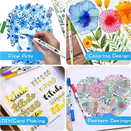 Miniatura 5 de ZSCM - Juego de 100 rotuladores de punta doble para artista, bolígrafos de colores con punta fina y punta de pincel, para adultos, libros de 100