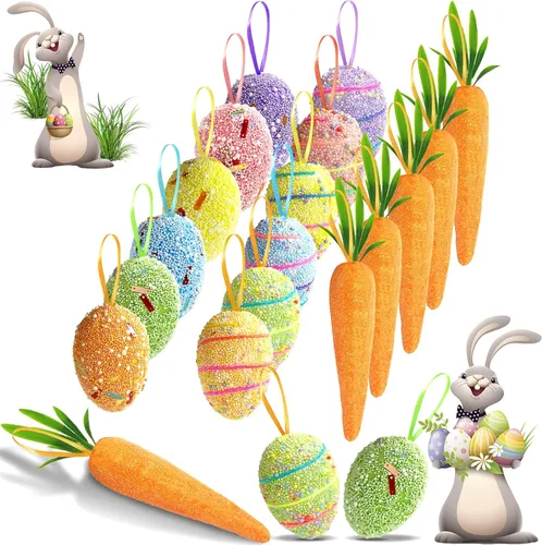18 adornos de huevo de Pascua y adornos colgantes de zanahoria, adornos coloridos de espuma para colgar, zanahorias artificiales con purpurina,