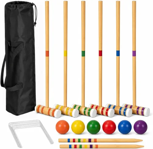 Juego de croquet de madera para 6 jugadores con bolsa de transporte, incluye 6 mazos, 6 bolas de colores, 2 estacas y 9 mechones, juego portátil de