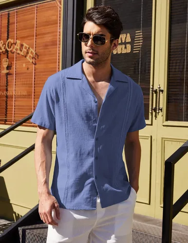 Miniatura 5 de COOFANDY Camisa de guayabera cubana de lino de manga corta con botones para hombre