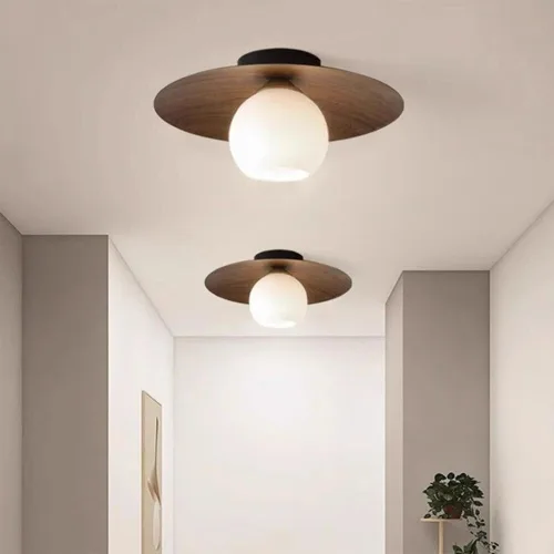 Miniatura 2 de Lámpara de techo minimalista moderna de globo de vidrio blanco redondo con veta de nuez, lámpara de techo semiempotrada con veta de madera nórdica