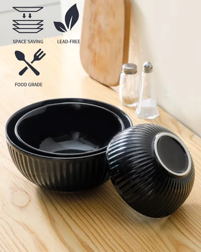 Miniatura 3 de HASENSE Juego de 3 cuencos pequeños de mezcla, cuencos de porcelana acanalados negros de 1.5/1/0.5 cuartos de galón para cocina, cocción, horneado