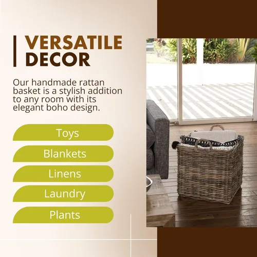 Miniatura 6 de KOUBOO Cesta cuadrada grande de ratán, hecha a mano, sala de estar, mantas, cubo de juguetes, almacenamiento adicional, almacenamiento decorativo