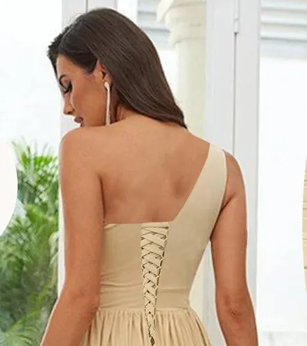 Miniatura 2 de Vestidos de dama de honor de gasa de un hombro con abertura para boda con volantes vestido formal