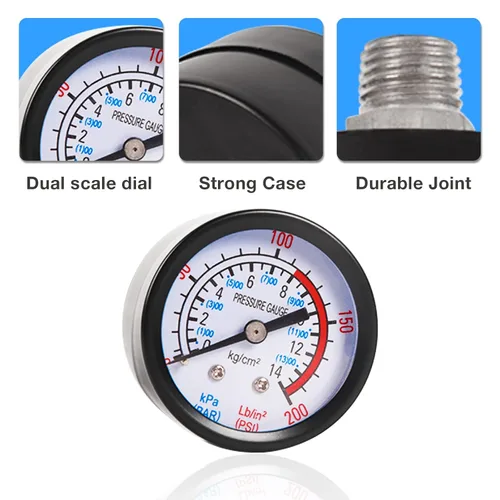 Miniatura 2 de Manómetro de presión de aire de 2 pulgadas 0-200 PSI, montaje trasero central NPT de 1/4", manómetro comercial/industrial