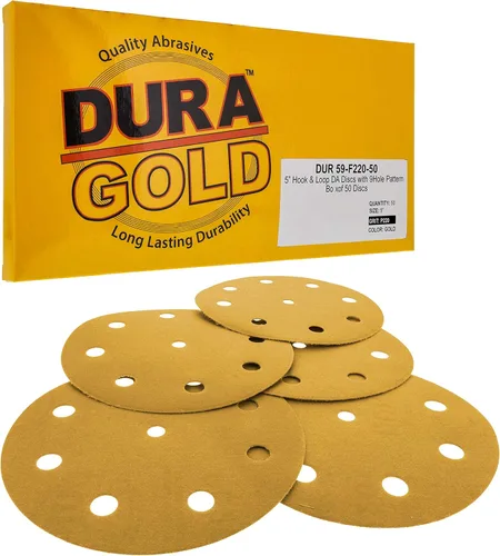 Miniatura 10 de Dura-Gold Discos de lijado dorados de 5 pulgadas de alta calidad, grano 320 (caja de 50), papel de lija de 9 agujeros sin polvo con gancho y bucle
