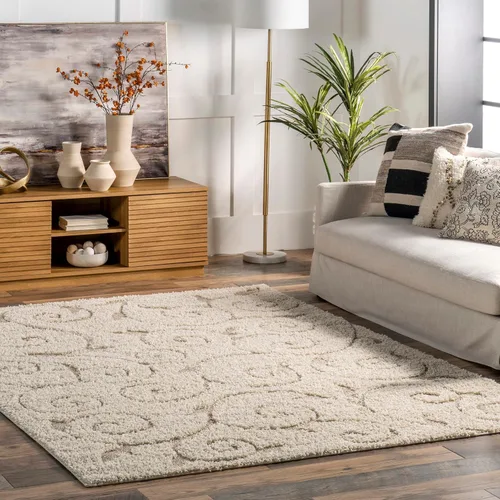 Miniatura 10 de NuLOOM - Alfombra de pelo de Maisha con diseño de remolinos, hecha a máquina, 10 pies x 14 pies, color crema
