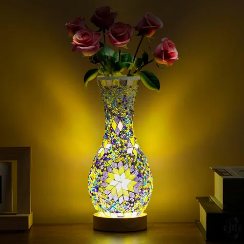 Miniatura 13 de Lámpara de mesa turca marroquí con mosaico, jarrón de vidrio hecho a mano con base de madera, iluminación decorativa para dormitorio, sala de estar