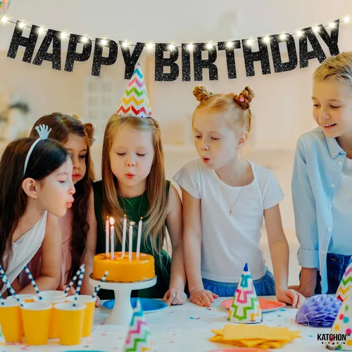 Miniatura 7 de KatchOn, Cartel de feliz cumpleaños negro con purpurina iluminada – Prestrung, 10 pies Letrero iluminado de feliz cumpleaños Decoraciones