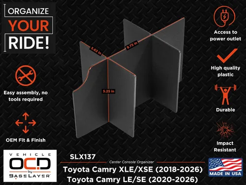 Miniatura 8 de Vehicle OCD - Organizador de consola central para Toyota Camry XLE/XSE (2018-2026) y LE/SE (2020-2026) - Fabricado en Estados Unidos - SLX137