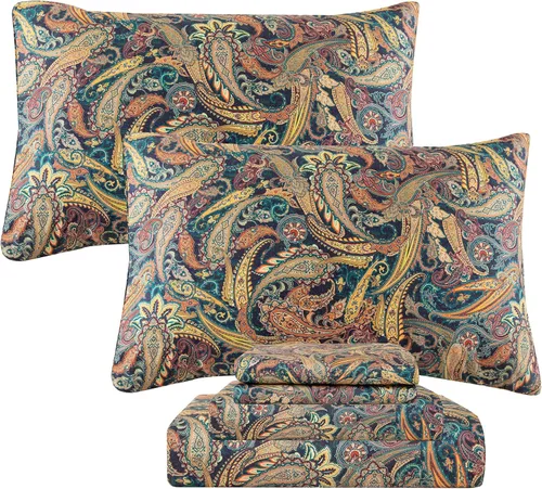 Miniatura 32 de QSH Juego de sábanas tamaño King con estampado floral - Estampado botánico de flores verdes, pájaros y mariposas, ropa de cama de algodón egipcio