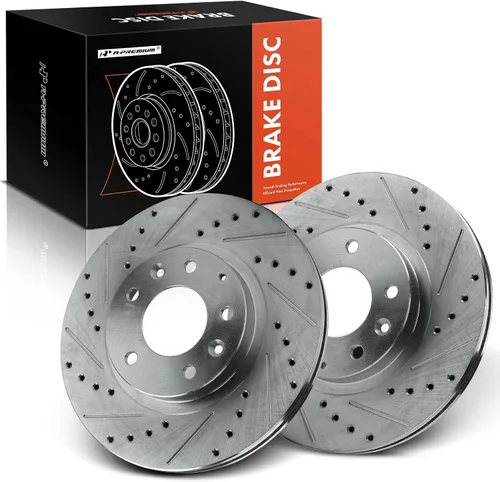 A-Premium Rotores de freno de disco perforados y ranurados delanteros de 11.41 pulgadas (11.409 in) compatibles con modelos seleccionados de Mazda -