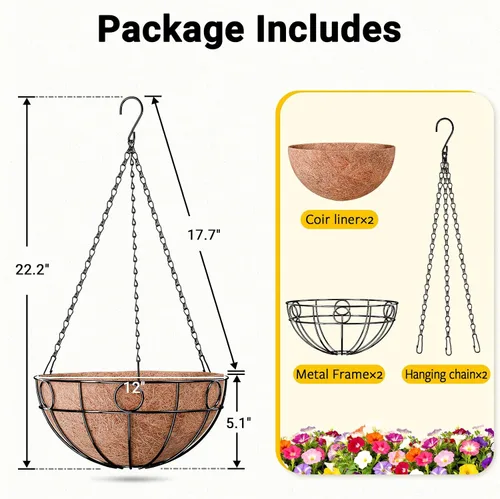 Miniatura 5 de ZeeDix Paquete de 2 cestas colgantes redondas para plantas al aire libre, cesta de alambre de metal de 12 pulgadas con forro de coco, macetas