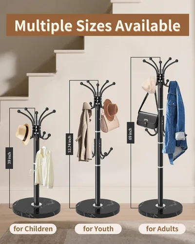 Miniatura 4 de Soporte Moderno para Abrigeros, Perchero Giratorio de 360° de Metal Independiente con Base de Mármol Natural, Perchero de Abrigos Negro y Árbol