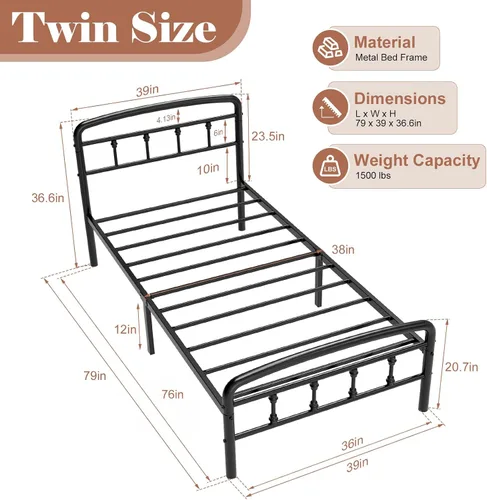 Miniatura 2 de Bastidores de cama de metal tamaño individual, marcos de cama resistentes de 1500 libras con cabecero, diseño sin ruido y almacenamiento debajo