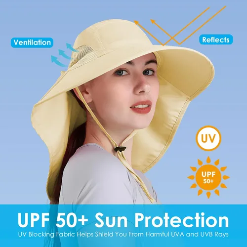 Miniatura 3 de Sombrero de mujer con protección UV, plegable, impermeable, de ala ancha, tipo cubo, con solapa para el cuello para verano, playa, pesca, senderismo