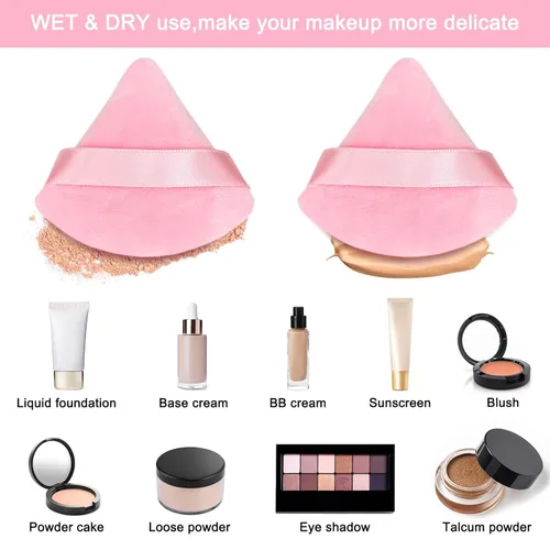 Miniatura 5 de 12 bolsas de polvo cosmético rosa, 2.76 pulgadas, portátil, suave, esponja, para la cara, soplo de terciopelo triangular con asa de cinta para polvo