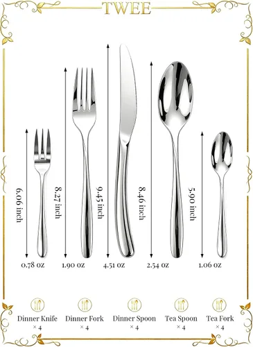 Miniatura 2 de Moderno juego de cubiertos para 4 cubiertos de alta calidad, 20 piezas, acero inoxidable 18/10, pulido con buen peso, utensilios para la cocina
