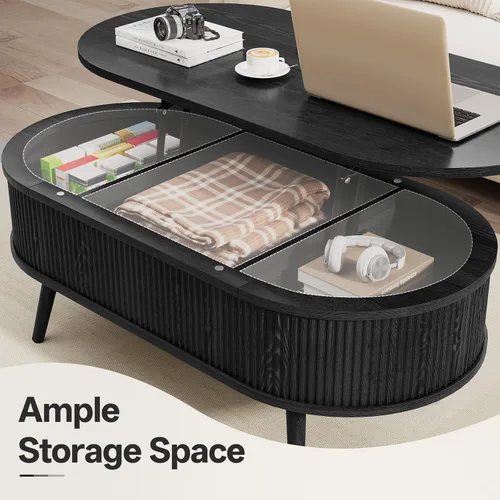 Miniatura 5 de Mesa auxiliar ovalada con almacenamiento, moderna mesa de centro acanalada con parte superior elevadora, mesas de centro pequeñas con Negro