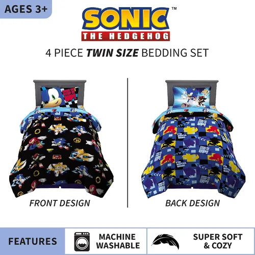 Miniatura 3 de Franco Juego de sábanas y edredón súper suave para niños, 4 piezas, tamaño individual, Sonic the Hedgehog Sonic el erizo