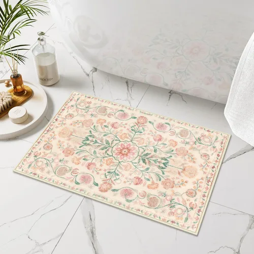Uphome Alfombra de baño bohemia con diseño floral beige, ultra suave, antideslizante, vintage, lavable a máquina, alfombra de baño floral para baño,