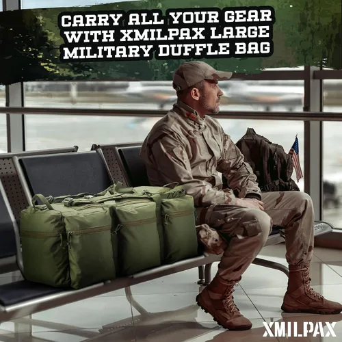 Miniatura 14 de Bolsa de lona militar grande de 100 L, bolsa de lona para despliegue, equipo deportivo, bolsa de equipaje de viaje con correas desmontables para AT
