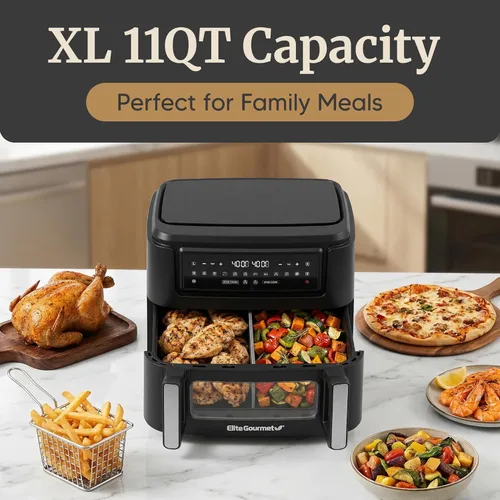 Miniatura 4 de Elite Gourmet Horno freidora de aire de doble zona de 11 cuartos de galón, freidora de aire de doble cesta con divisor, acabado de sincronización