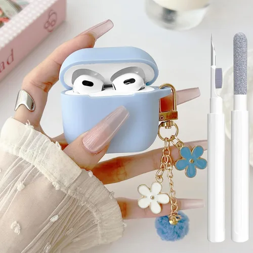 Miniatura 38 de Bonita funda negra para Airpods de 2ª/1ª generación para niñas y mujeres, con llavero de pompón de flores y kit de limpieza, funda protectora tipo