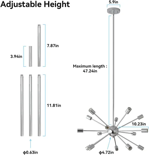 Miniatura 7 de Sputnik Candelabros modernos de 15 luces, lámpara plateada de techo de mediados de siglo, pantallas clásicas para comedor, cocina, pasillo