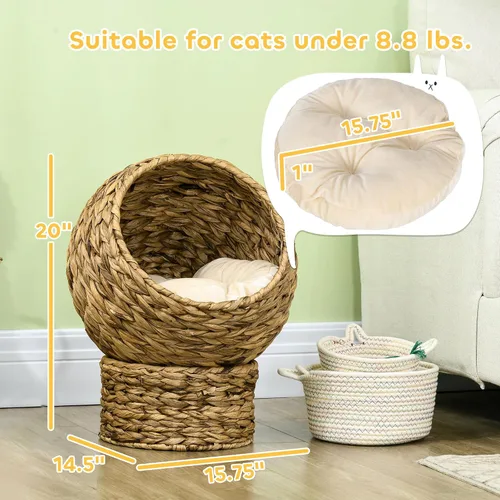 Miniatura 7 de PawHut Cama elevada tejida a mano para gatos con cojín suave y forma de silla de huevo, cama de cesta con soporte, casa de mimbre elevada para gatos