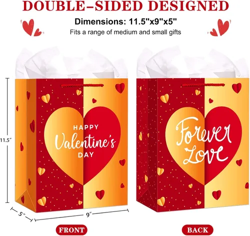 Miniatura 6 de Bolsas de regalo del día de San Valentín de WhatSign - Bolsas de regalo de San Valentín medianas de 11.5" con papel de seda y asas, regalos de papel