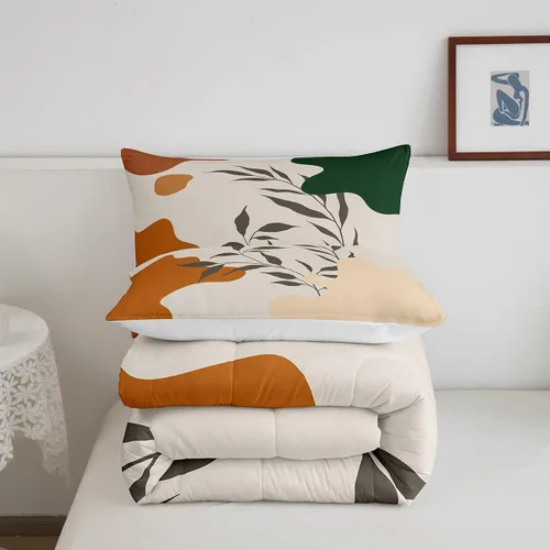 Miniatura 5 de Juego de edredón de hojas, tamaño King, color naranja y verde, juego de ropa de cama para niños y niñas, retro, exótico, arte moderno, abstracto