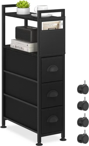 Oppro Cómoda estrecha de 3 cajones Mesa auxiliar lateral para espacios pequeños, Mesita de noche delgada junto a la cama Mesa de sofá con ruedas,