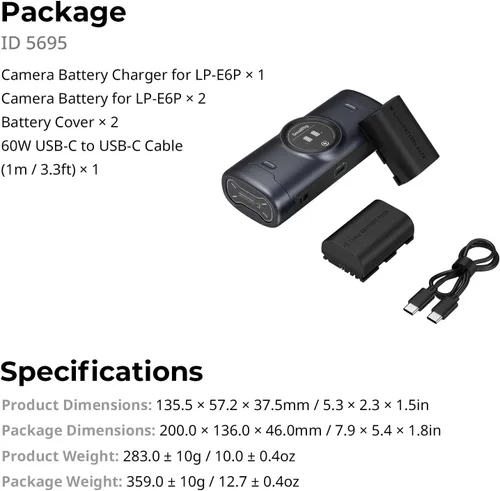 Miniatura 9 de SMALLRIG LP-E6P - Kit de batería para cámara Canon, cargador de cámara de doble ranura de 18 W 2.5h con baterías de 2520 mAh, pantalla HD, Negro