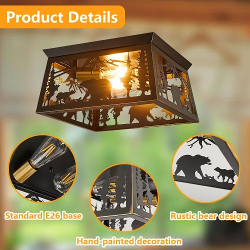 Miniatura 4 de Lámpara rústica, lámpara de techo empotrada de 2 luces, diseño de oso de metal para dormitorio, vestíbulo, entrada, pasillo, montaje en techo