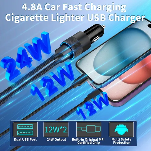 Miniatura 5 de Cargador rápido para automóvil con certificación MFi de Apple, paquete de 2 unidades de 4.8 A, cargador USB dual de 4.8 A, cargador Carplay USB