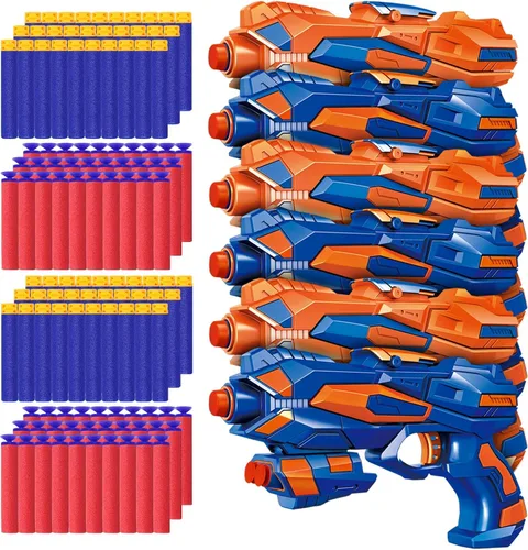 POKONBOY Paquete de 6 pistolas de juguete para niños aptas para balas Nerf, pistolas de juguete con 120 dardos de espuma de repuesto para niños y