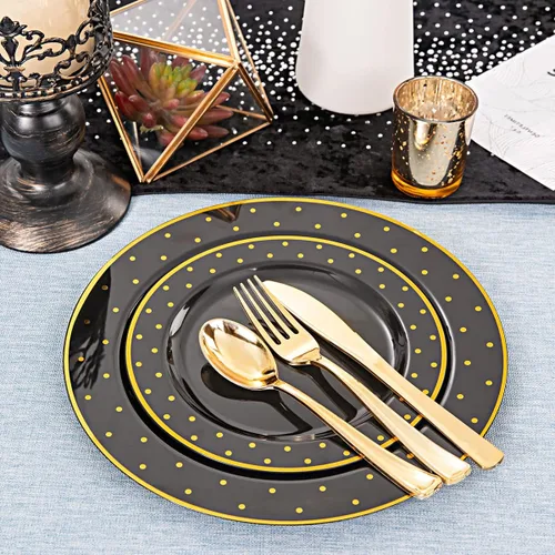 Miniatura 6 de DaYammi 200 platos de plástico dorado y negro con cubiertos, platos desechables negros para fiestas, suministros de oro negro, incluye 40 platos