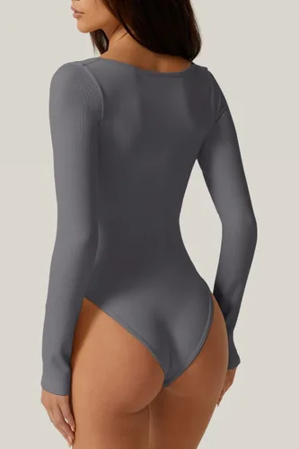 Miniatura 2 de Meyeeka Body de manga larga con cuello corazón para mujer, sin costuras, básica, elástica