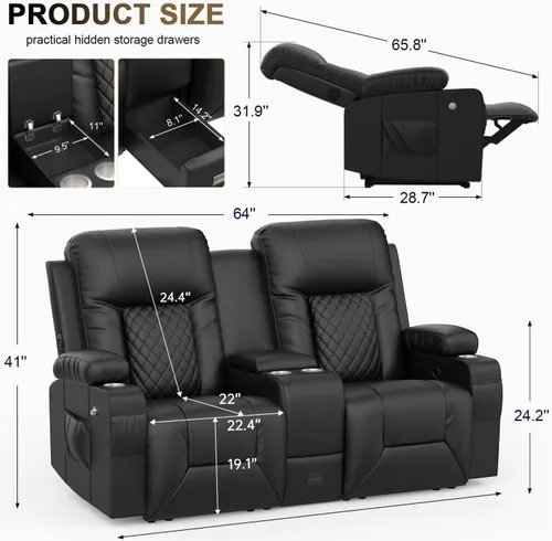 Miniatura 2 de YONISEE Sofá reclinable grande de dos plazas, sofá reclinable con consola de almacenamiento, silla reclinable con puertos USB, 2 soportes
