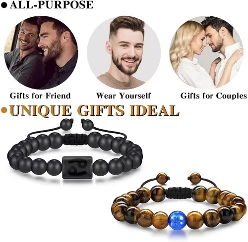 Miniatura 6 de Pulseras del zodiaco para hombres y mujeres, hechas a mano de 0.315 in de ojo de tigre natural y piedra de ágata mate para hombre, pulseras