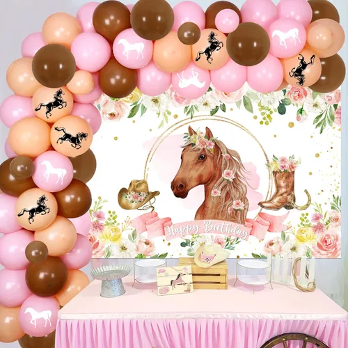 Miniatura 2 de Decoración para fiesta de vaquera occidental, fondo de fotos de caballo de carreras con flores rosas y kit de arco de guirnalda de globos