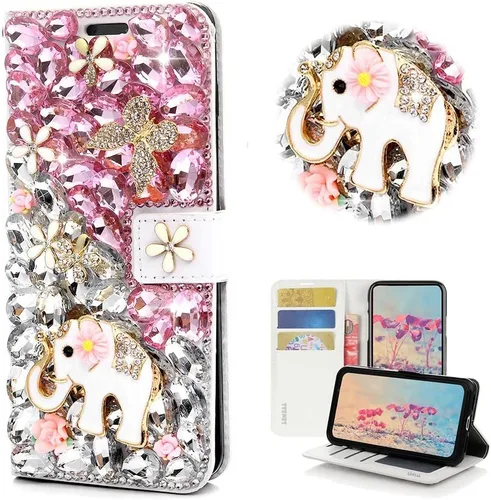 Miniatura 14 de Bling - Funda tipo cartera para teléfono compatible con Samsung Galaxy Z Fold 3 5G, elegante, hecha a mano en 3D con lazo de cristal, bolsa de rosa