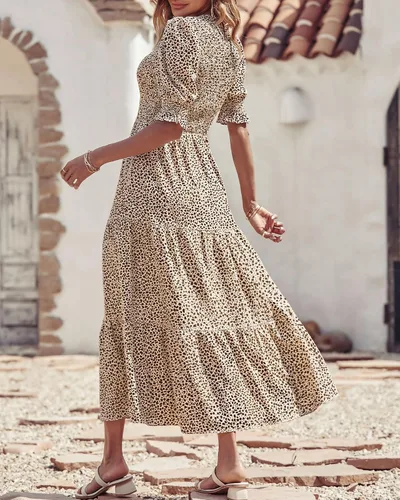 Miniatura 137 de BTFBM Vestidos para mujer, cuello redondo, casual, de verano, con volantes, manga corta, bohemio, con niveles, fruncido, largo, con estampado floral