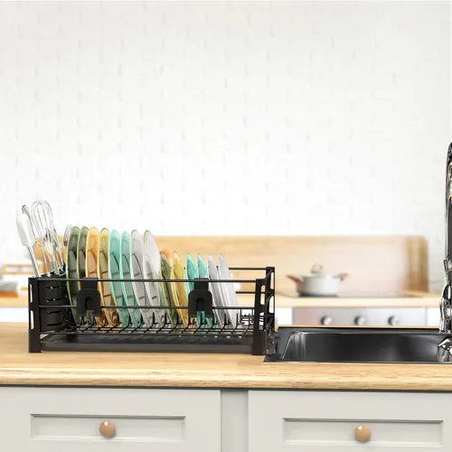 Miniatura 5 de SIMPLE HOUSEWARE Escurridor de platos con escurridor, soporte para utensilios y ganchos para tazas, organizador de mostrador de cocina de metal negro