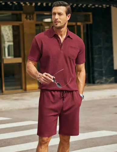 Miniatura 12 de COOFANDY Conjunto de camisa polo y pantalones cortos de punto gofre para hombre, conjunto de 2 piezas, traje de verano casual con bolsillos