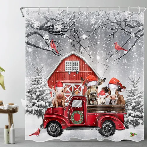 LB Christmas Red Truck Shower Curtain for Bathroom, Farm Animal with Xmas Hat and Cardinal with Pine Tree Fabric Shower Curtain with Hooks, Grey